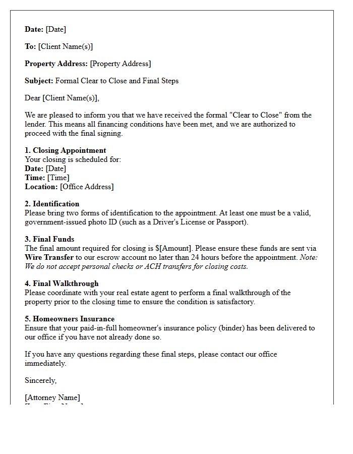 Attorney Clear To Close And Final Closing Steps Letter