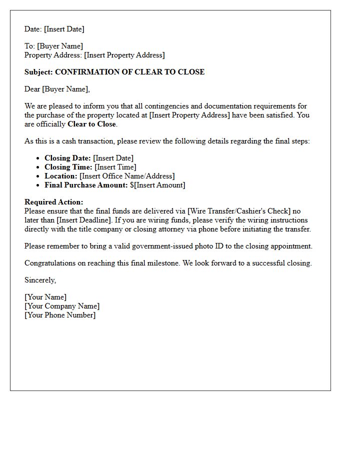 Cash Buyer Clear To Close Notification Letter