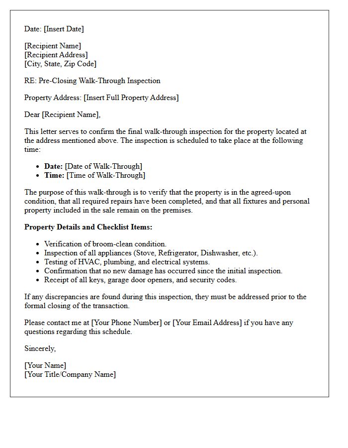 Walk-Through Letter Property Address and Details