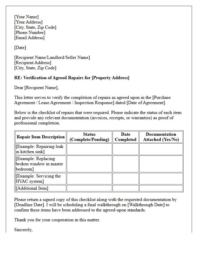 Letter Checklist for Verifying Agreed Repairs