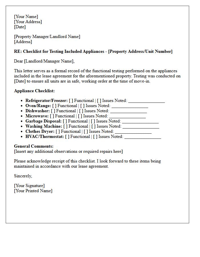 Letter Checklist for Testing Included Appliances