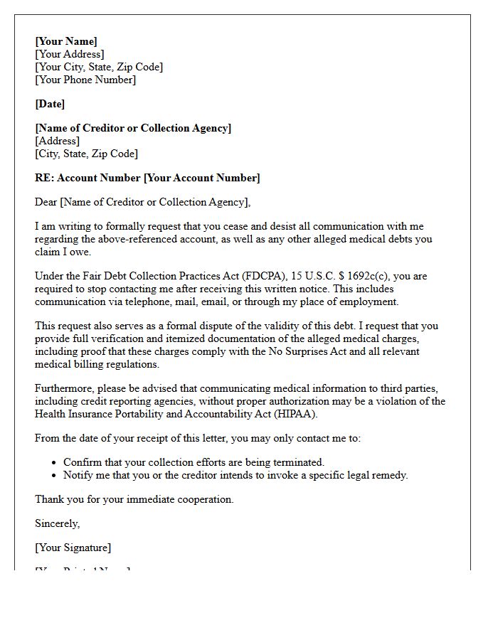 Medical Debt Creditor Communication Cease and Desist Letter