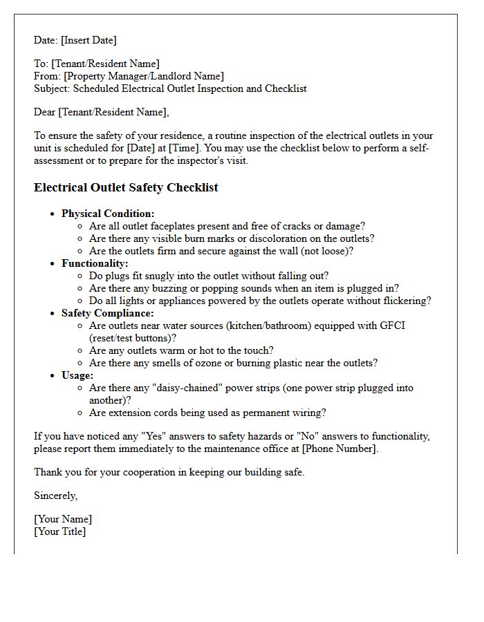 Letter Checklist for Checking Electrical Outlets