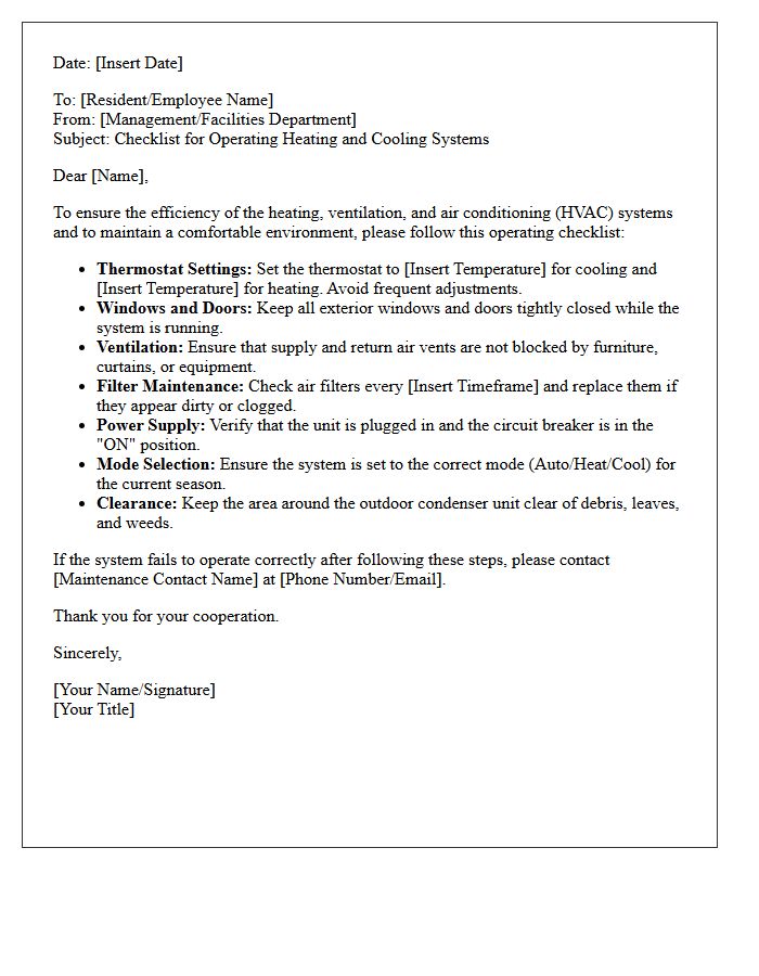Letter Checklist for Operating Heating and Cooling