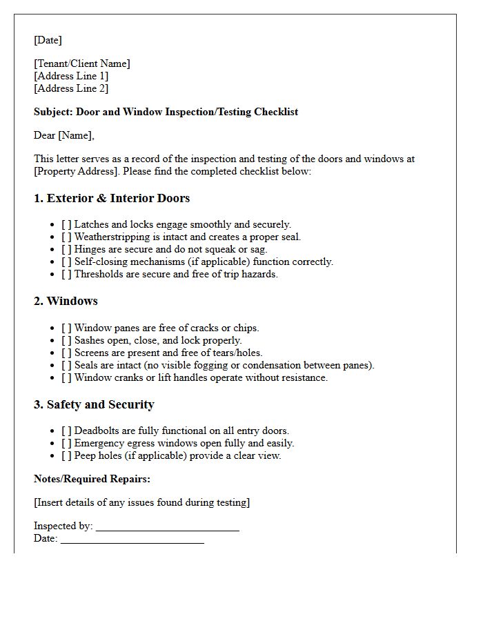 Letter Checklist for Testing Doors and Windows
