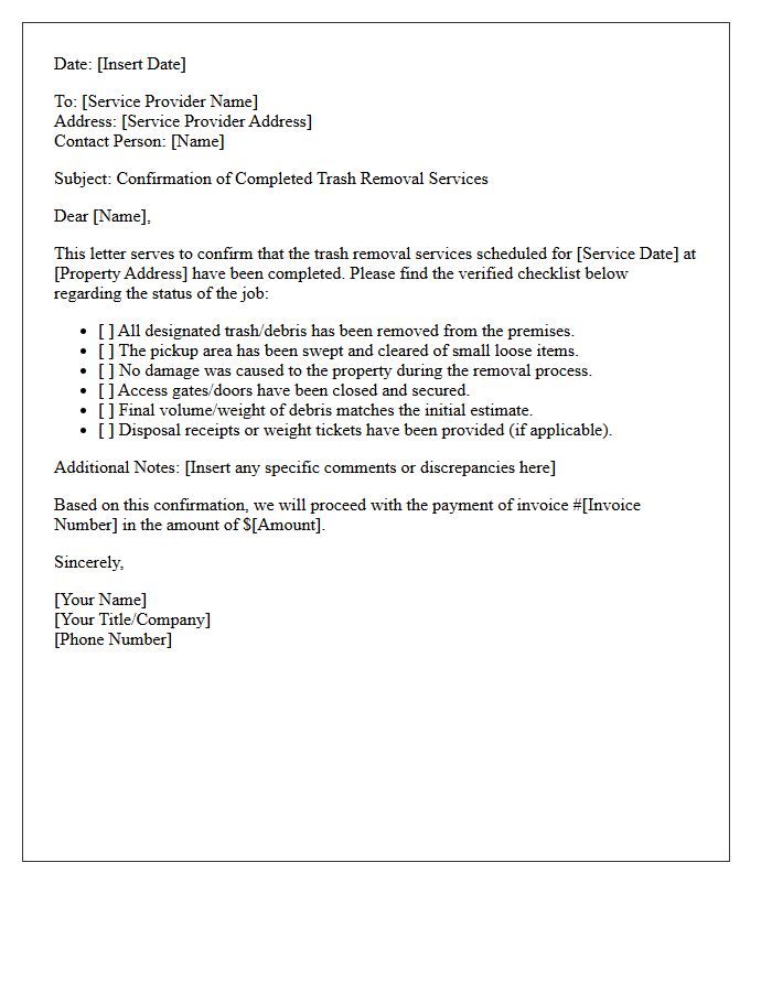 Letter Checklist for Confirming Trash Removal