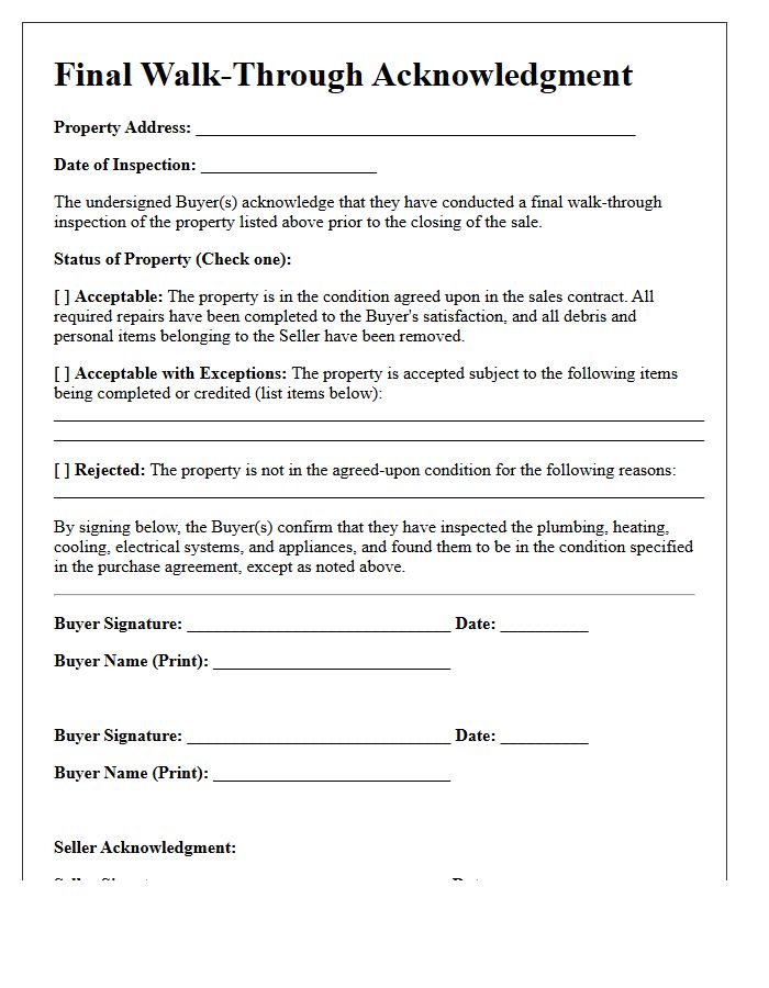 Final Walk-Through Letter Acknowledgment and Signatures