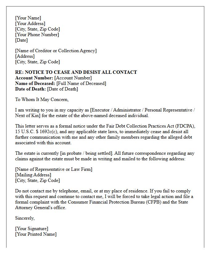 Deceased Estate Creditor Communication Cease and Desist Letter