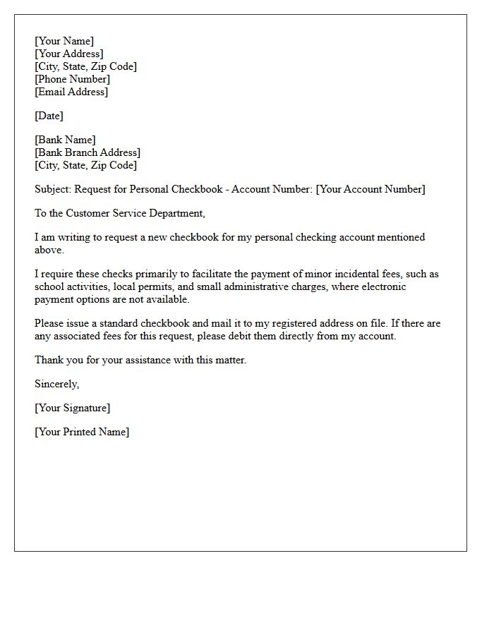 Personal Checkbook For Minor Incidental Fees