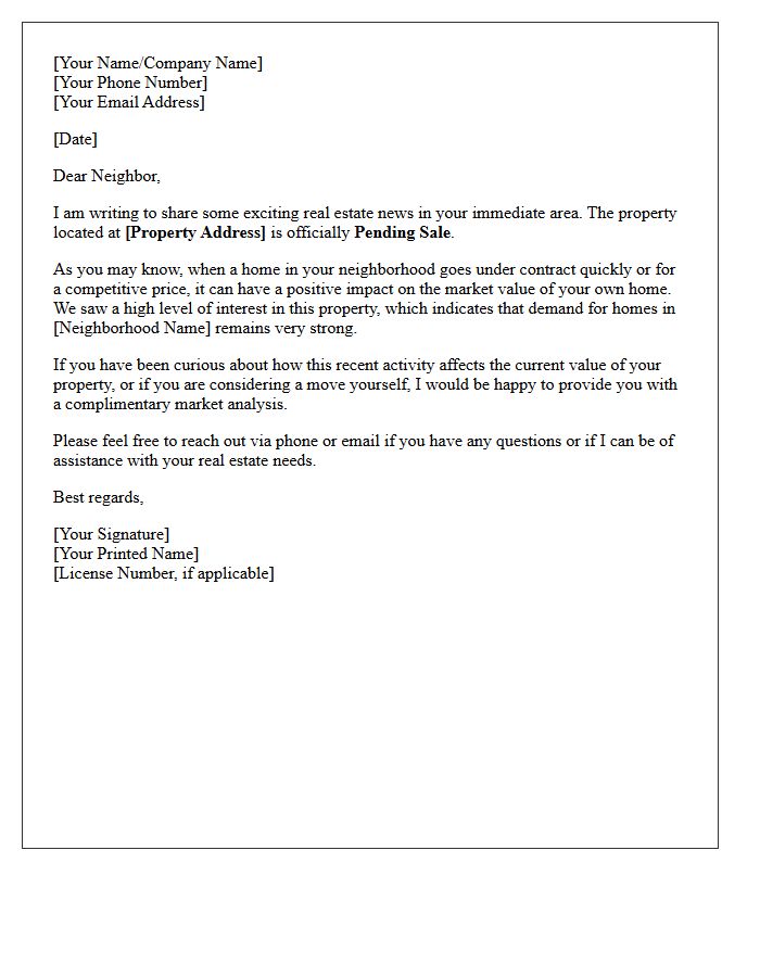 Nearby Property Pending Sale Announcement Letter