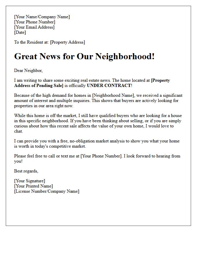 Neighborhood Home Pending Sale Letter