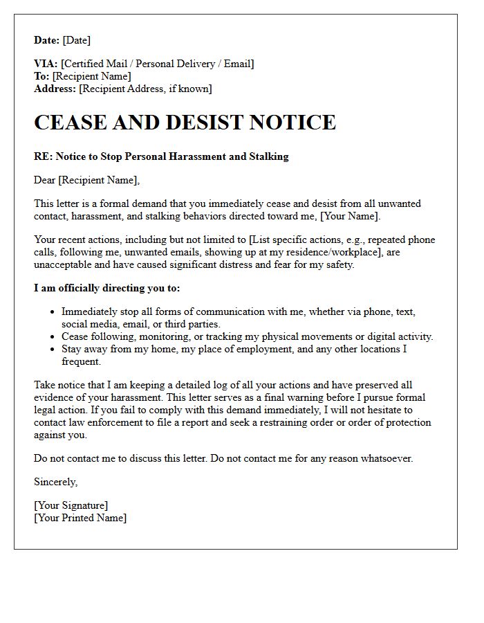 Cease and Desist Letter for Personal Harassment and Stalking