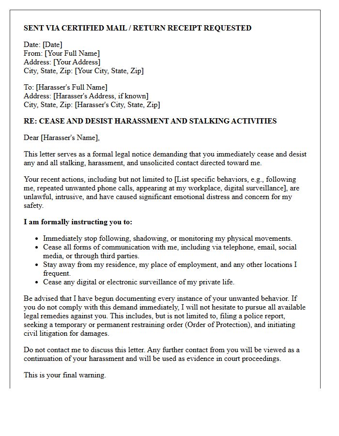 Formal Legal Demand Letter to Cease Stalking Activities