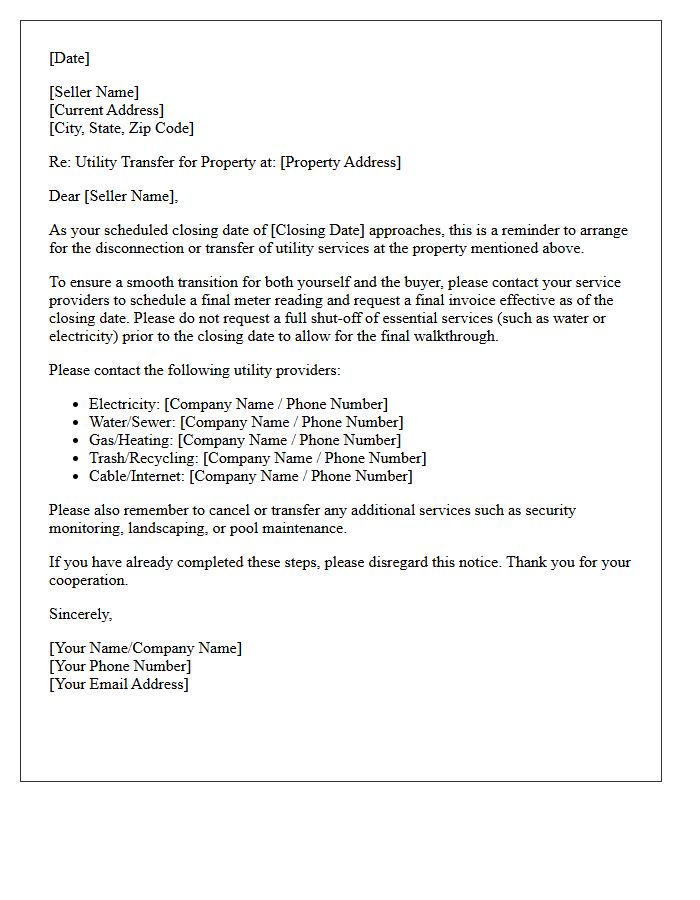 Seller Utility Disconnection And Transfer Reminder Letter