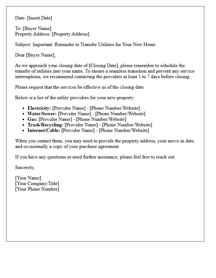 Pre-Closing Buyer Utility Transfer Reminder Letter