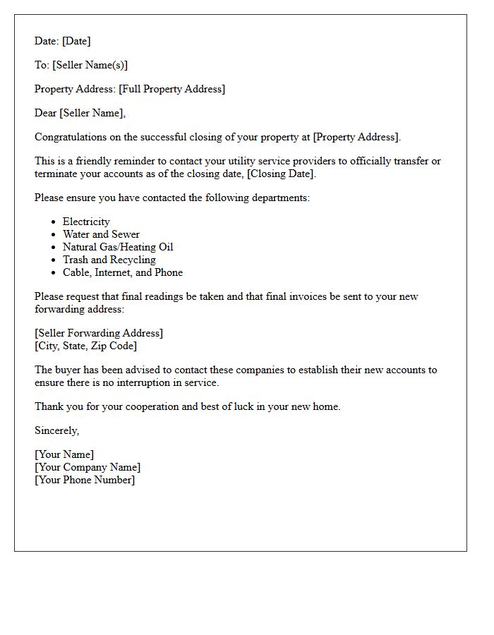 Post-Closing Seller Utility Transfer Reminder Letter