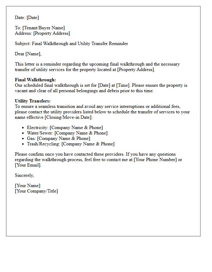 Final Walkthrough Utility Transfer Reminder Letter