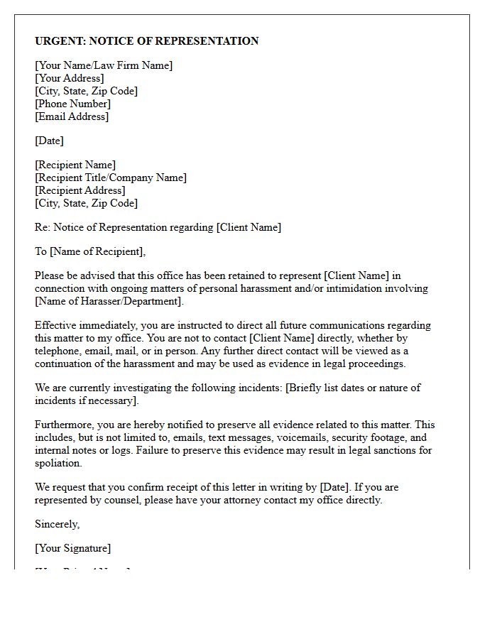 Notice of Representation Letter for Personal Harassment