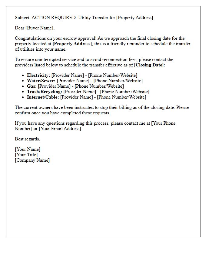 Escrow Approved Utility Transfer Reminder Letter