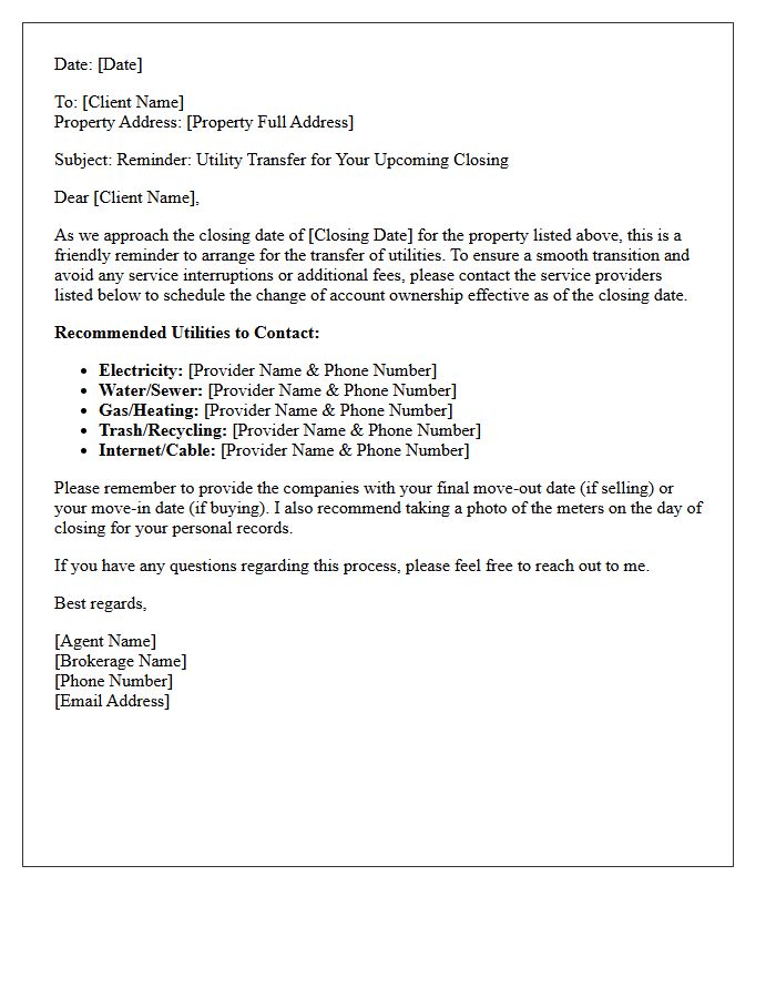 Real Estate Agent Utility Transfer Reminder Letter