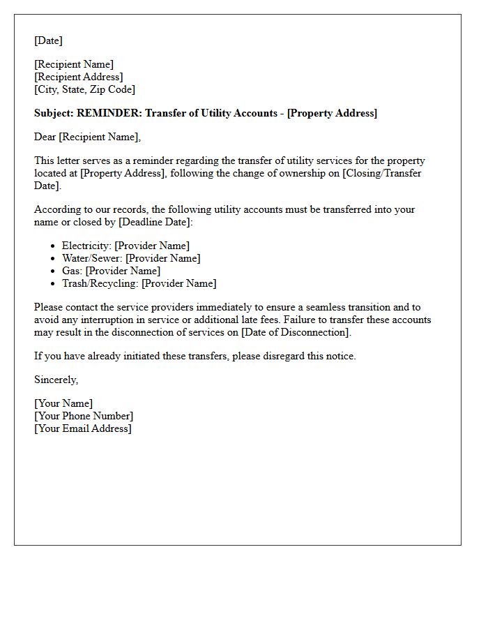 Change Of Ownership Utility Transfer Reminder Letter