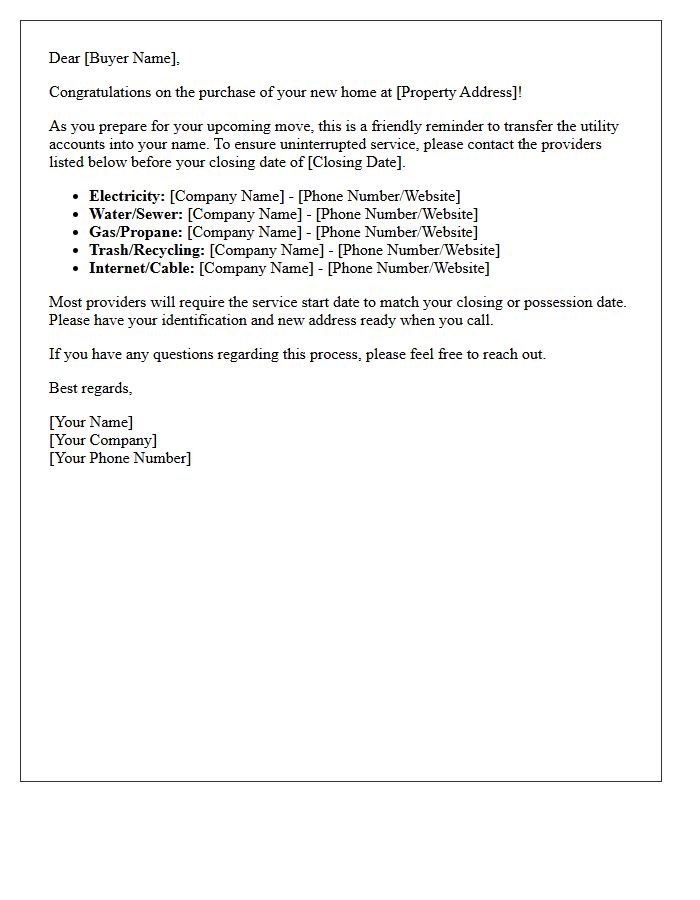 Welcome Home Buyer Utility Transfer Reminder Letter