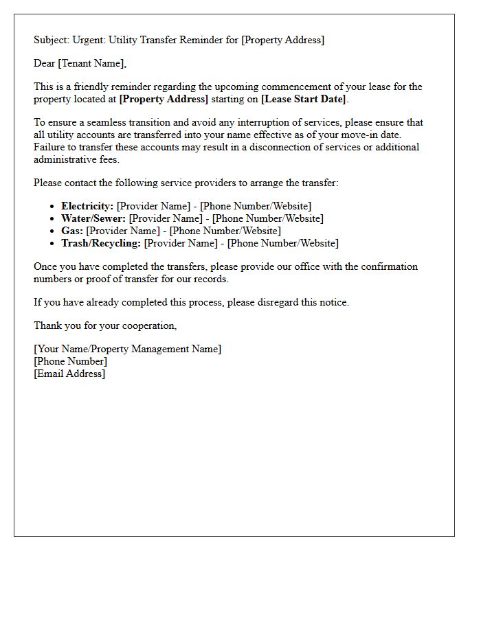 Seamless Transition Utility Transfer Reminder Letter