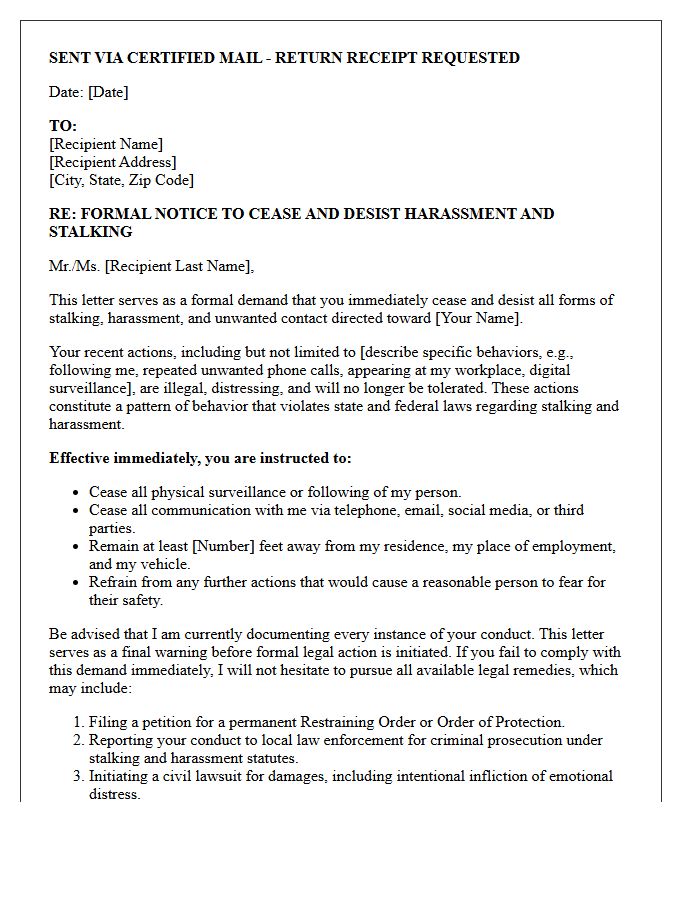Pre-Litigation Letter Demanding Cessation of Stalking