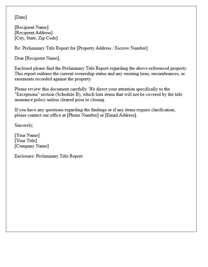 Preliminary Title Report Delivery Letter