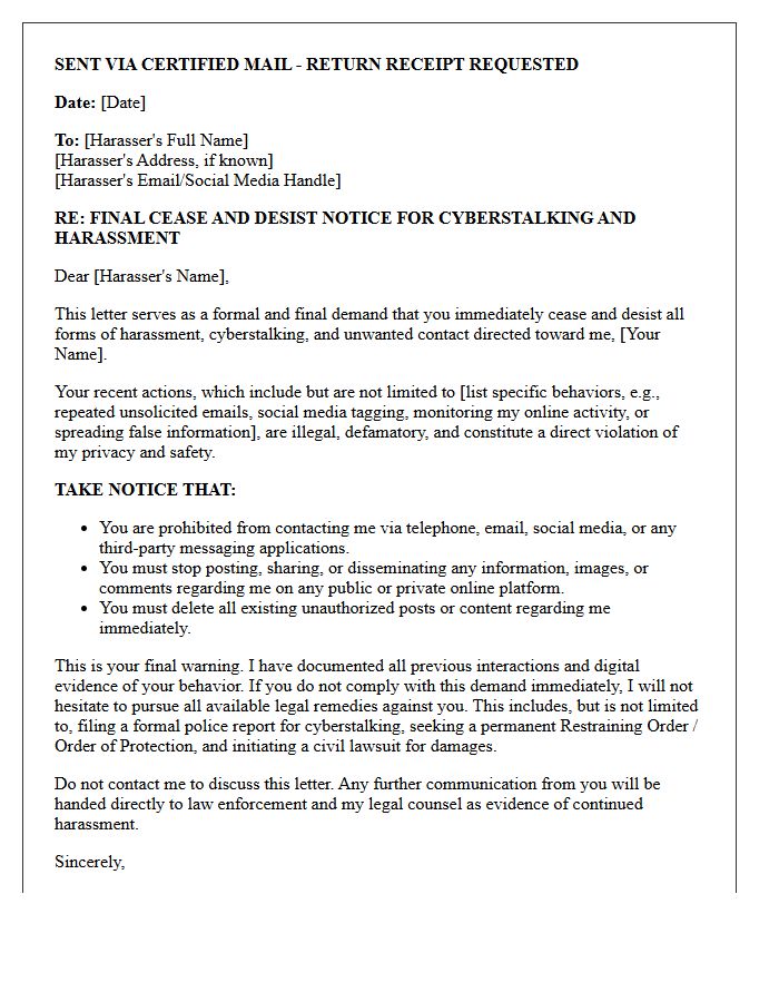Final Cease and Desist Letter for Cyberstalking and Harassment