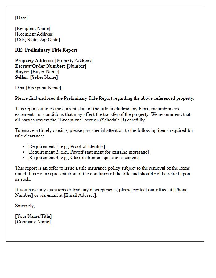 Real Estate Preliminary Title Report Cover Letter