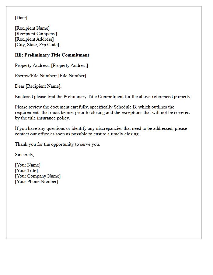 Delivery Letter for Preliminary Title Commitment