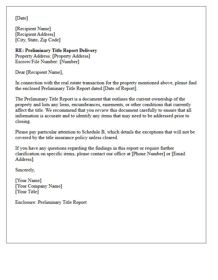 Letter of Preliminary Title Report Delivery