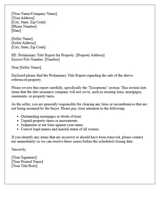 Seller Preliminary Title Report Transmittal Letter