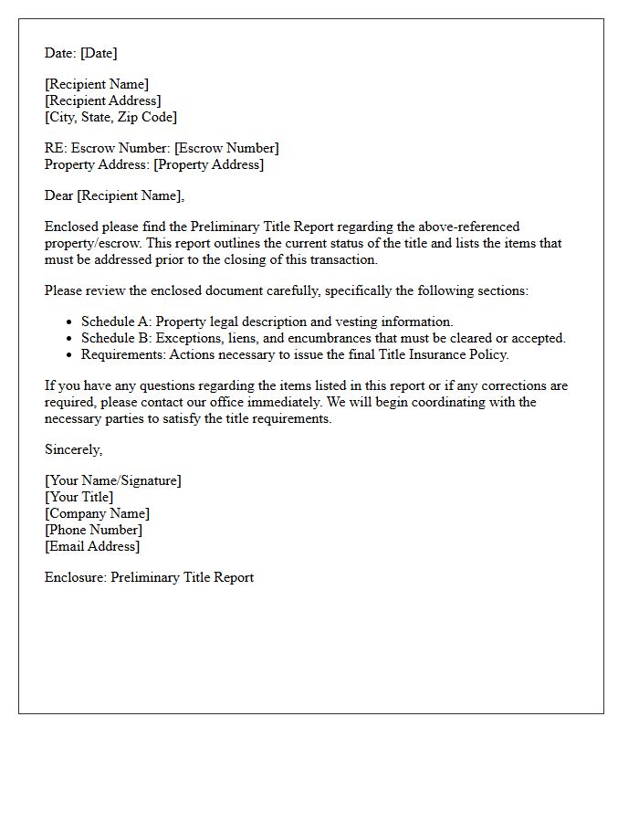 Escrow Preliminary Title Report Submission Letter