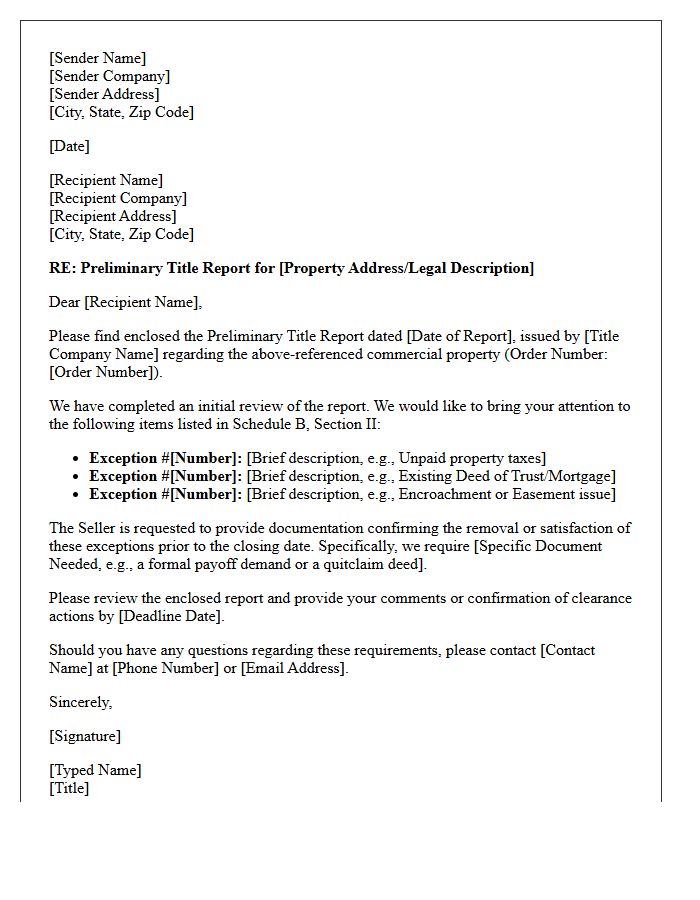 Commercial Property Preliminary Title Report Letter