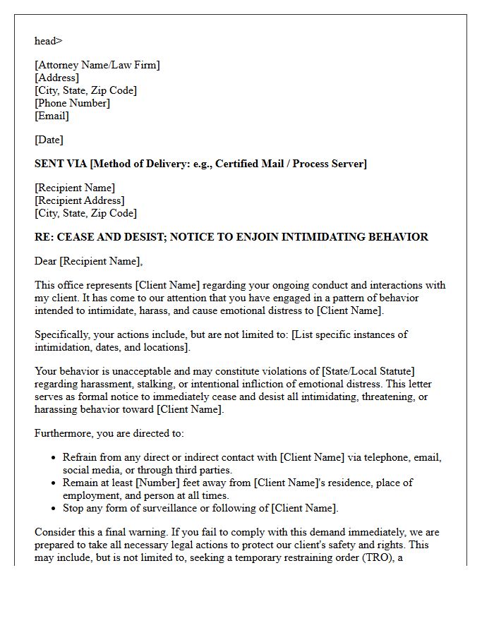 Attorney Drafted Letter to Enjoin Intimidating Behavior