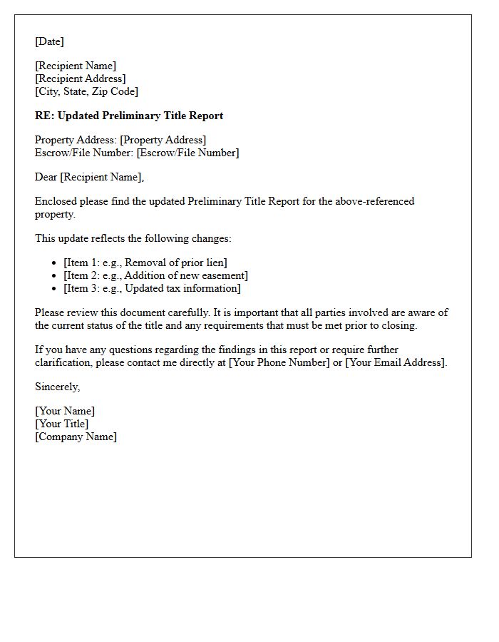 Updated Preliminary Title Report Delivery Letter