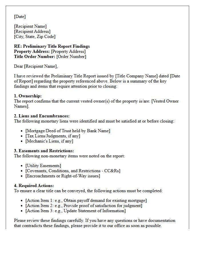 Letter Detailing Preliminary Title Report Findings