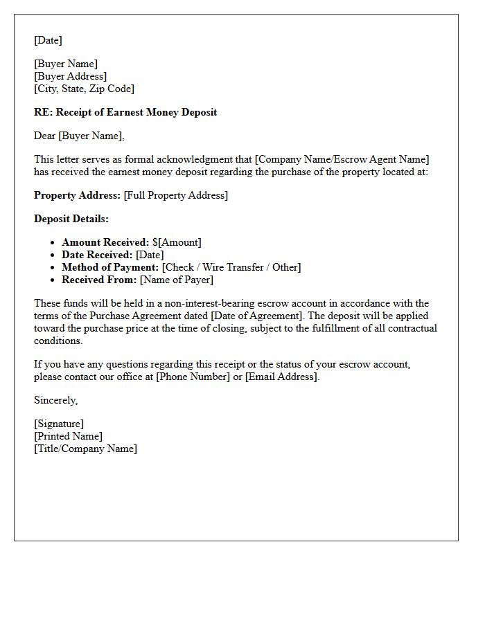 Standard Earnest Money Receipt Acknowledgment Letter