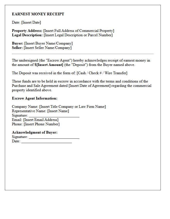 Commercial Property Earnest Money Receipt Letter