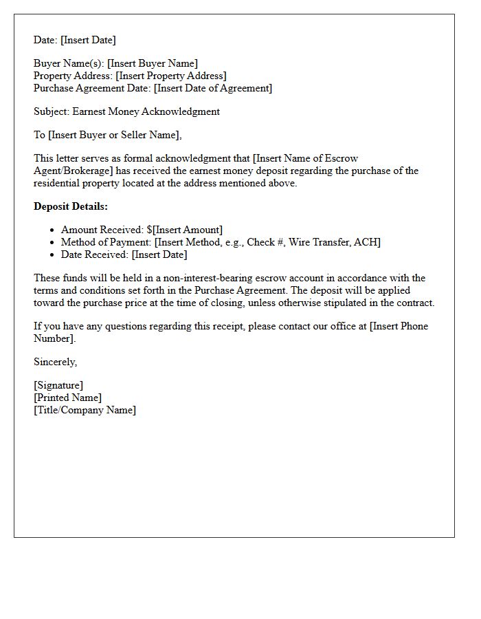 Residential Real Estate Earnest Money Acknowledgment Letter
