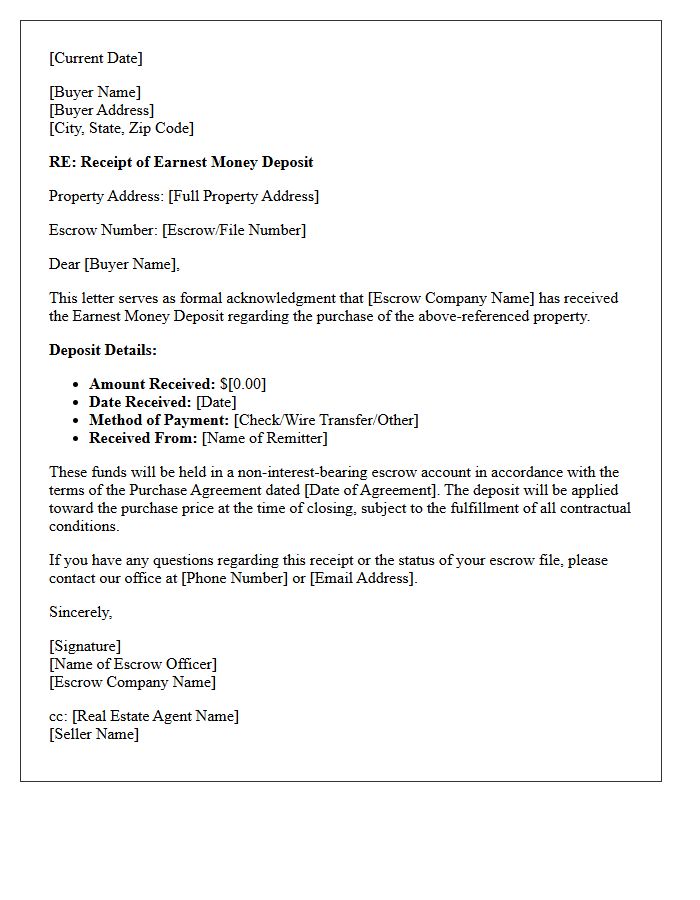 Escrow Agent Earnest Money Deposit Receipt Letter