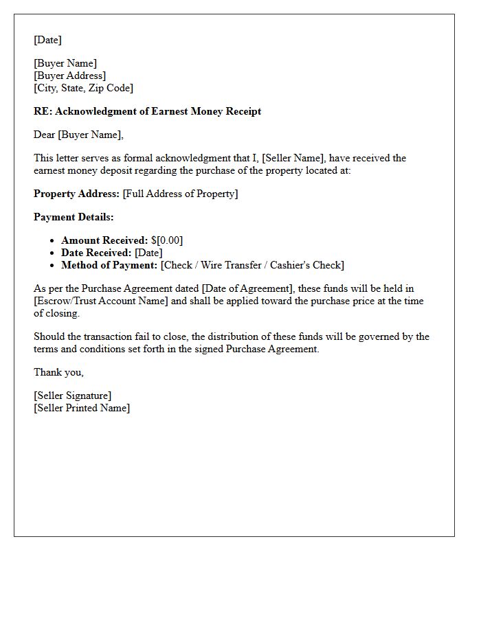 Seller Acknowledgment of Earnest Money Receipt Letter