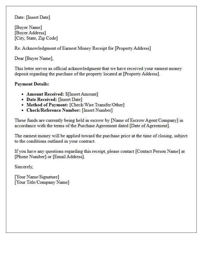 Buyer Earnest Money Payment Acknowledgment Letter