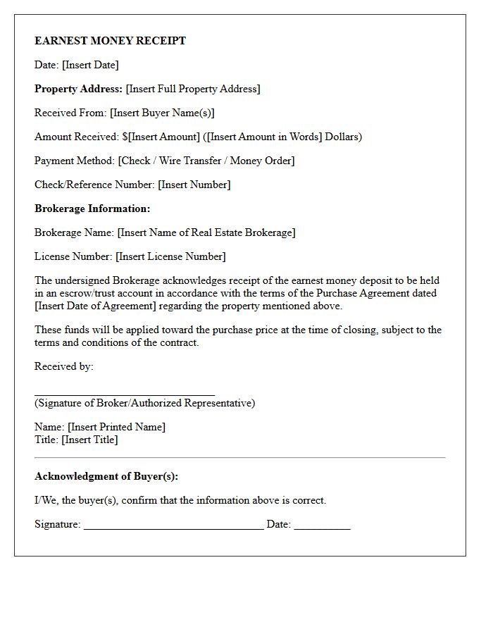 Real Estate Broker Earnest Money Receipt Letter