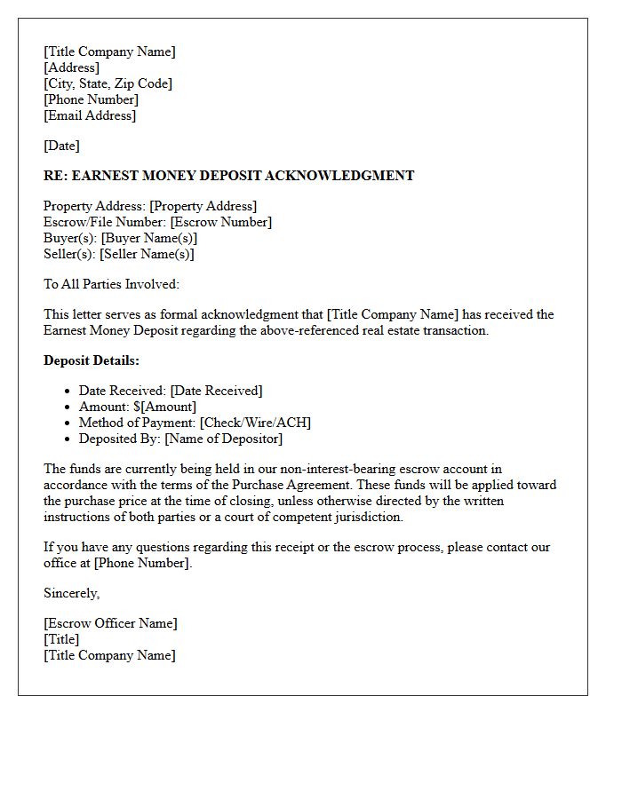 Title Company Earnest Money Deposit Acknowledgment Letter