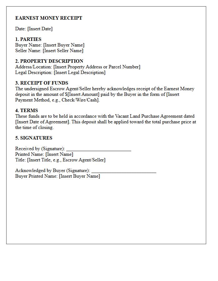 Vacant Land Purchase Earnest Money Receipt Letter