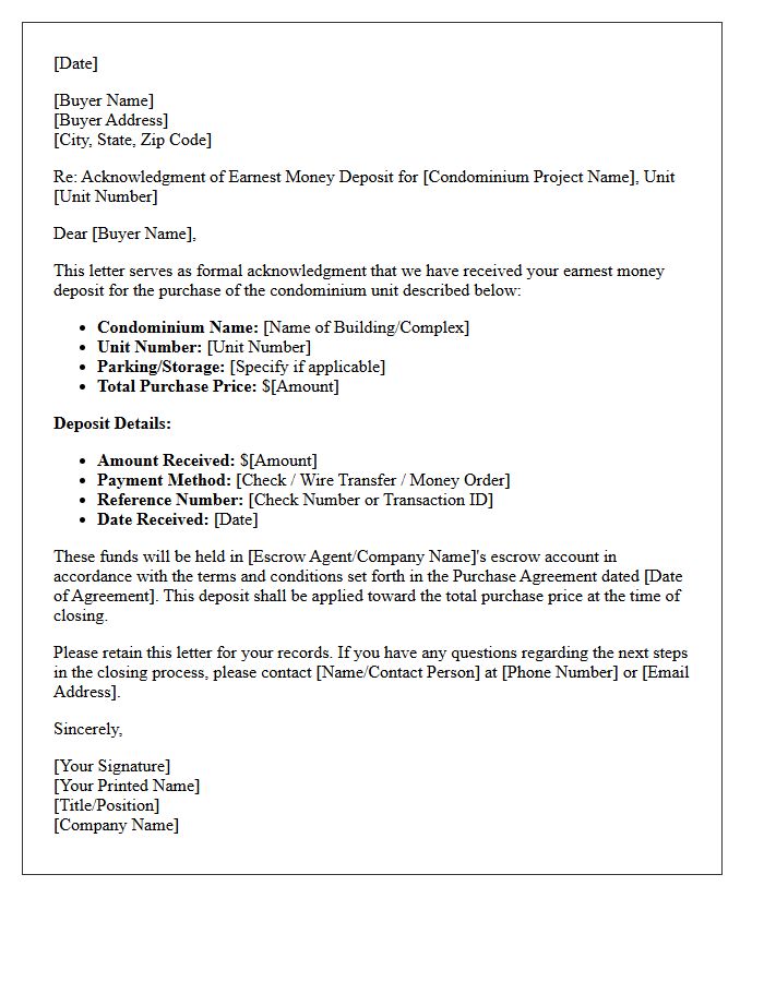 Condominium Earnest Money Deposit Acknowledgment Letter