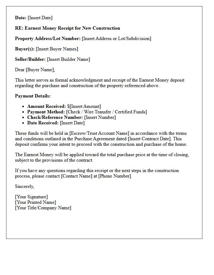 New Construction Earnest Money Receipt Letter